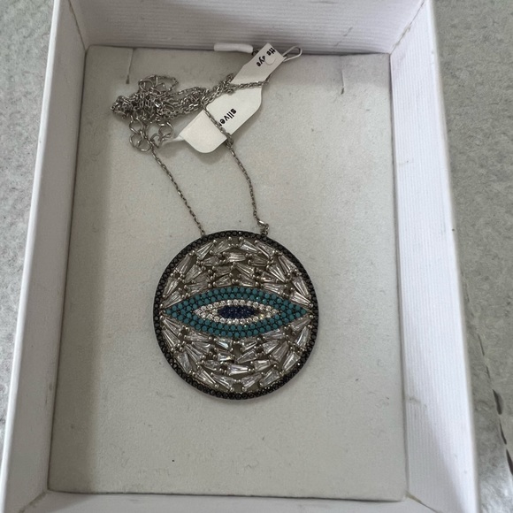Clear and blue Evil Eye 925 Stirring Silver Pendant Chain Necklace NWT in OB - Picture 1 of 7